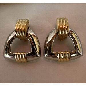 Vtg GIVENCHY Paris NY Silver & Gold Tone Door Knocker Hoop Clip on EARRINGS